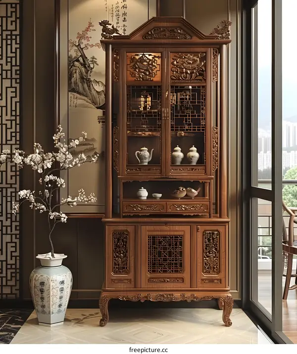 Chinese style wooden cabinet with intricate carvings