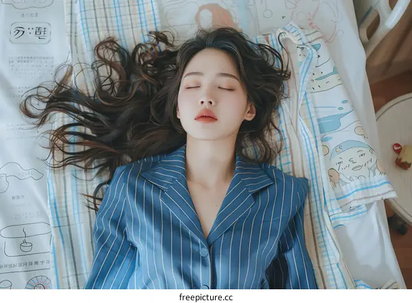 A woman in a blue suit is lying on a bed with her eyes closed.