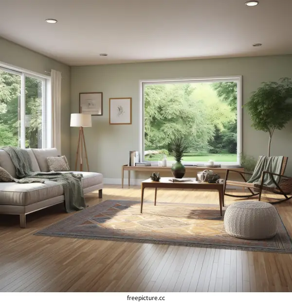 Cozy living room with large windows and a scenic forest view