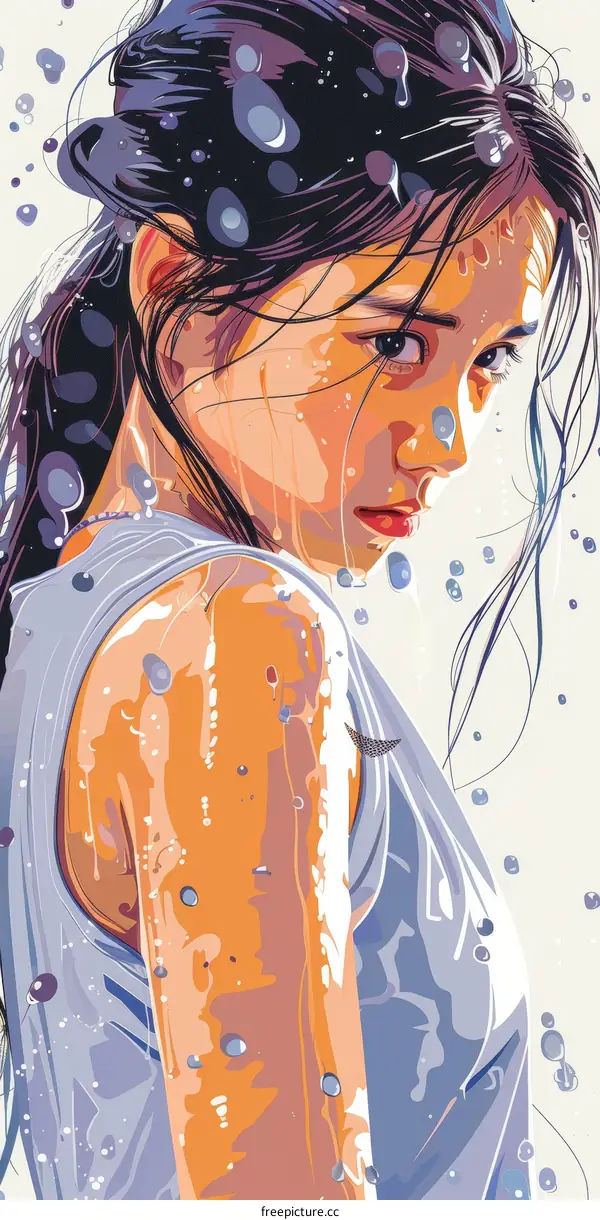 girl with wet hair and water drops on her shoulder