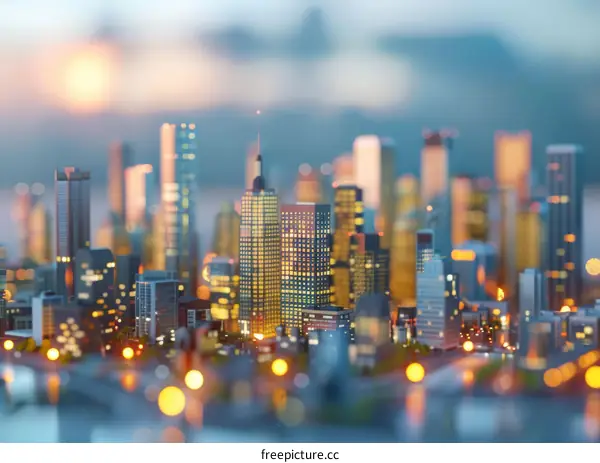 Miniature City Model with Skyscrapers and Lights at Sunset