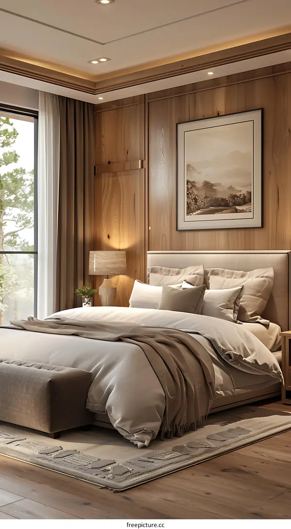 A bedroom with a wooden bed and a picture of mountains on the wall