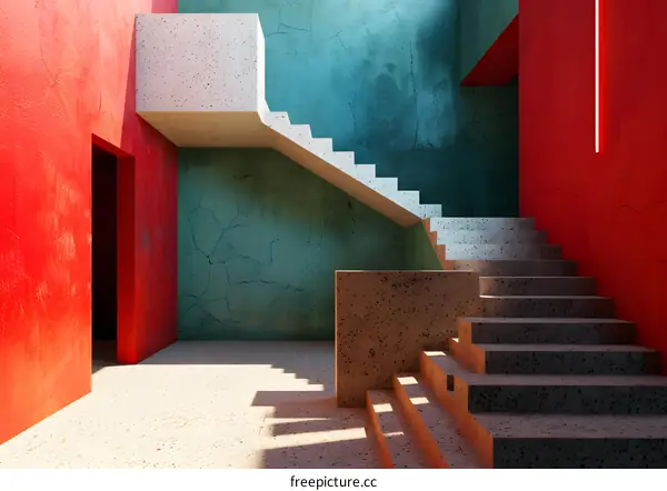 Modern Minimalist Interior Design With Concrete Stairs and Colorful Walls