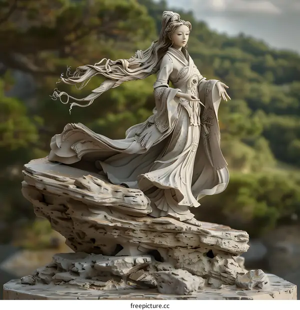An oriental statue of a woman in flowing robes stands on a rocky outcrop
