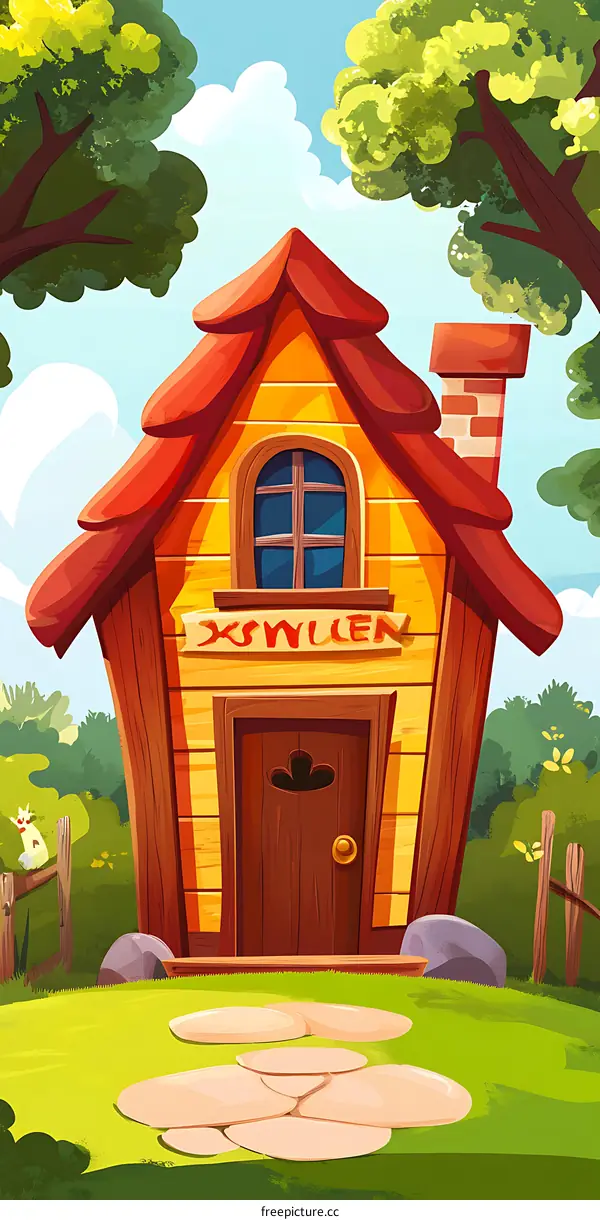 Cute Cartoon Yellow House With Red Roof Illustration