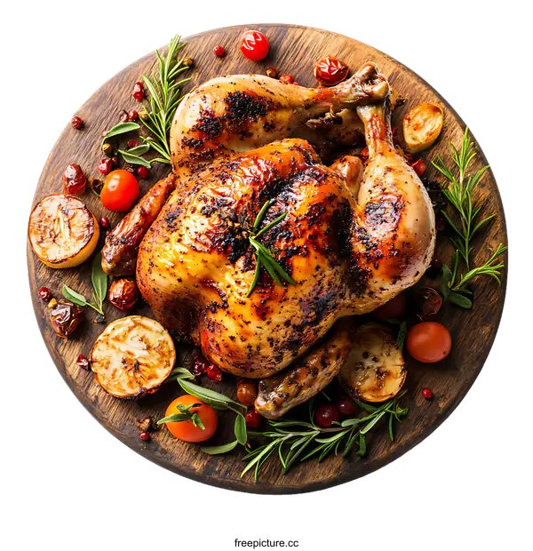 [Transparent Background PNG]Roasted Chicken with Herbs and Vegetables on Wooden Board