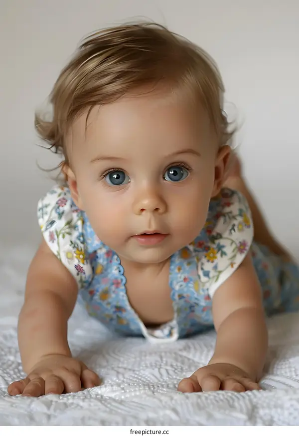 Baby Girl With Blue Eyes Crawling On A White Blanket