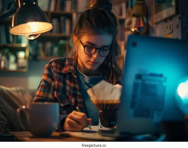 Young woman studying late at night in her home office.