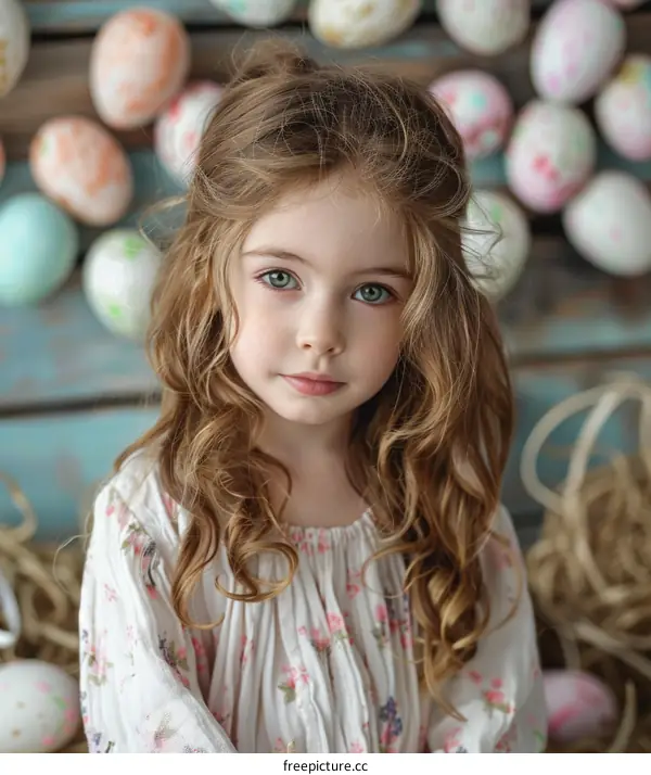 Little girl with long blond hair and green eyes in front of a background of colorful Easter eggs