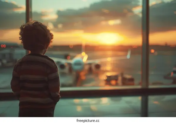 Little boy looking at airplanes at the airport