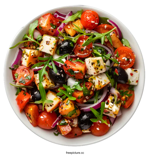 [Transparent Background PNG]top view of fresh greek salad with tomatoes, olives, cheese and red onion