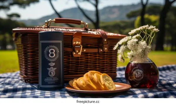 Still life picnic image with a basket, flowers, and crackers