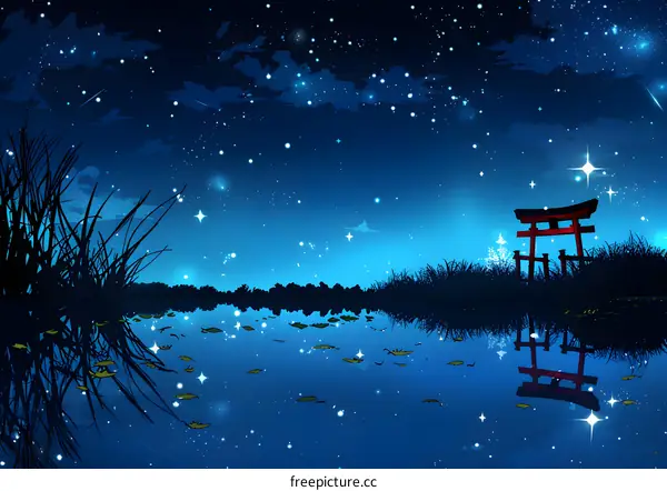 The red torii gate under the starry night sky is reflected in the water