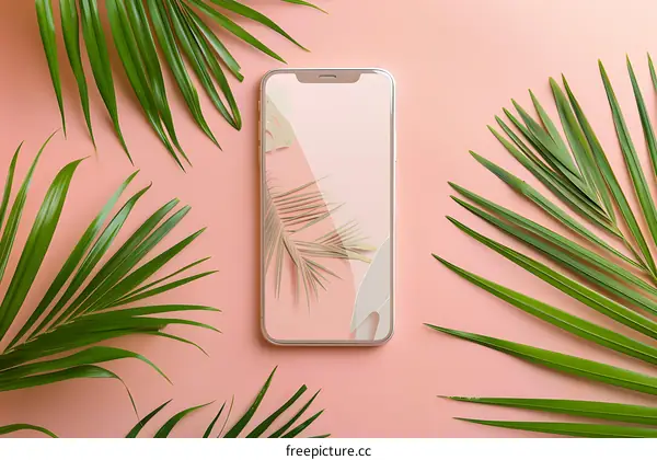 Palm Leaves and Smartphone on a Pink Background