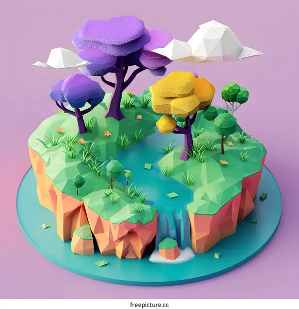Low Poly Landscape with Waterfall and Trees