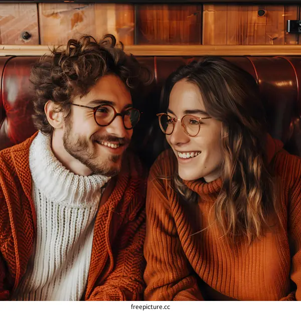 Couple wearing glasses smiling at each other