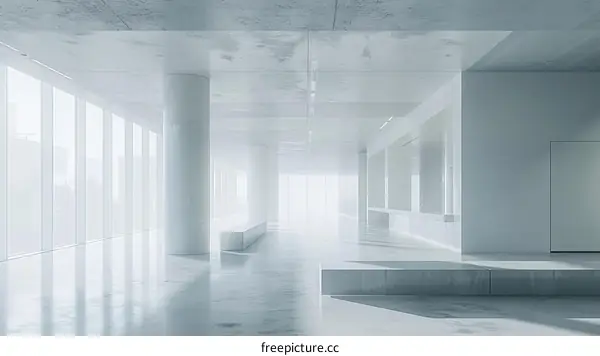Futuristic empty room with large windows and concrete columns