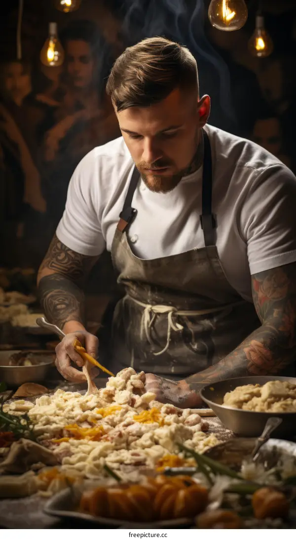 Focused male chef kneads dough in commercial kitchen