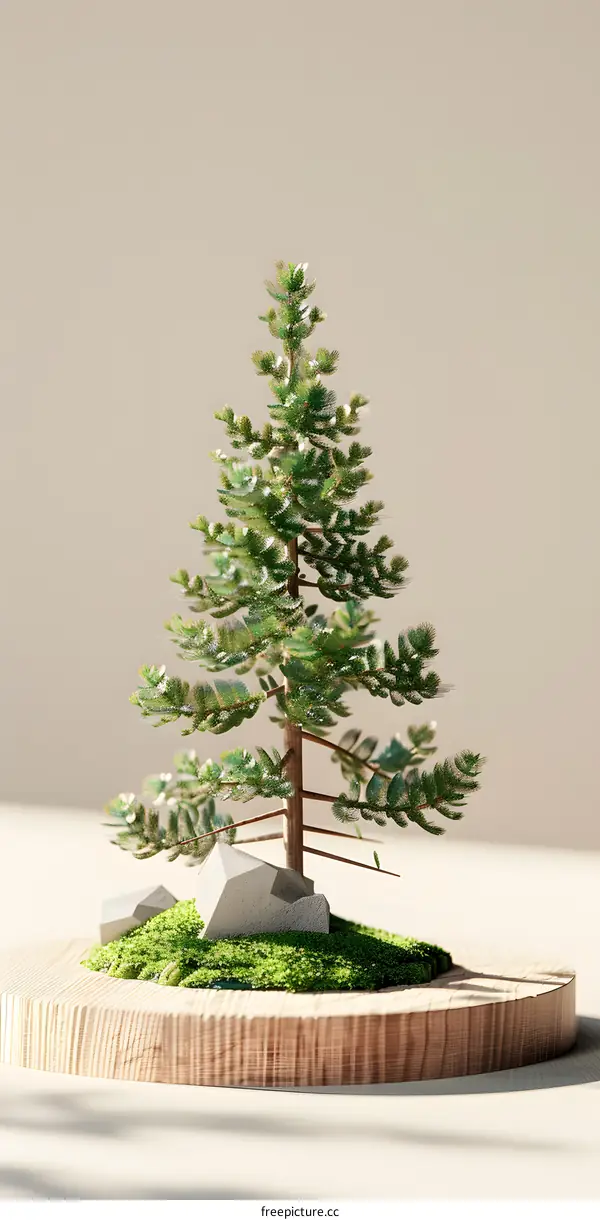 Miniature Green Pine Tree on Wooden Base