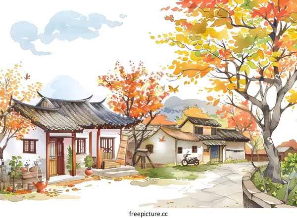 Watercolor Painting of an Autumn Village Scene