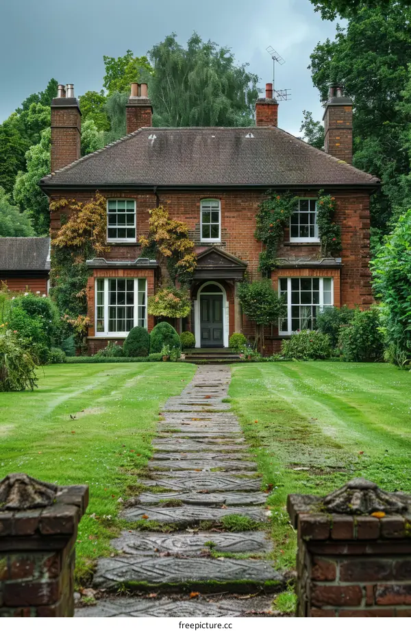 Tudor English Country House with Ivy and Stone Path