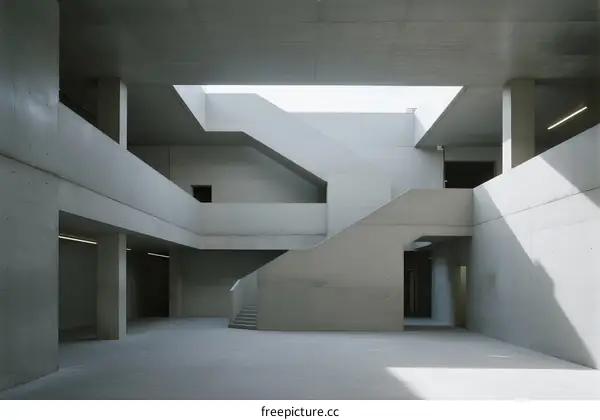 Minimalist Concrete Building Interior with Geometric Staircases