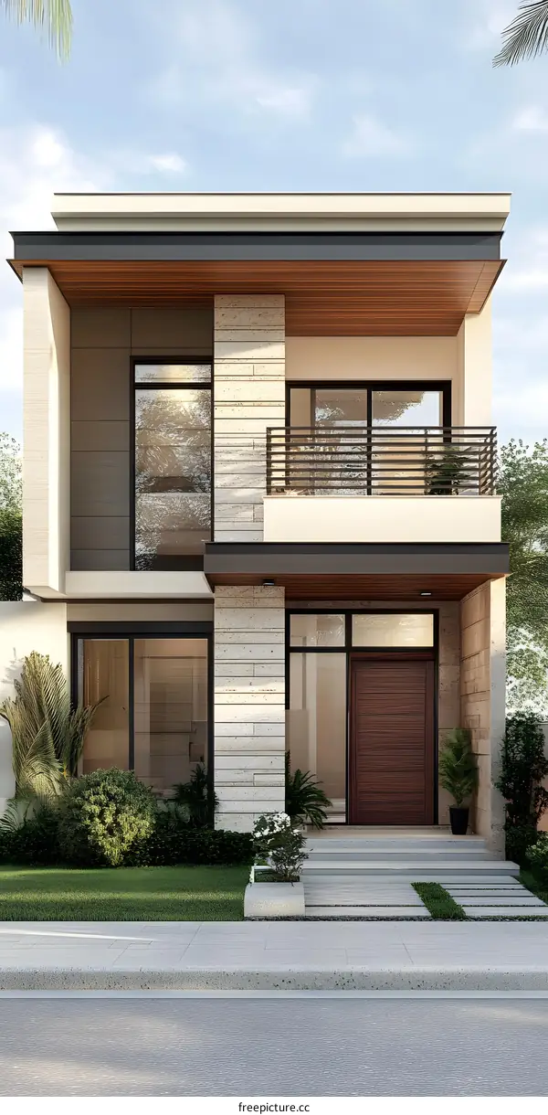 Modern House Design with Stone Facade and Balcony