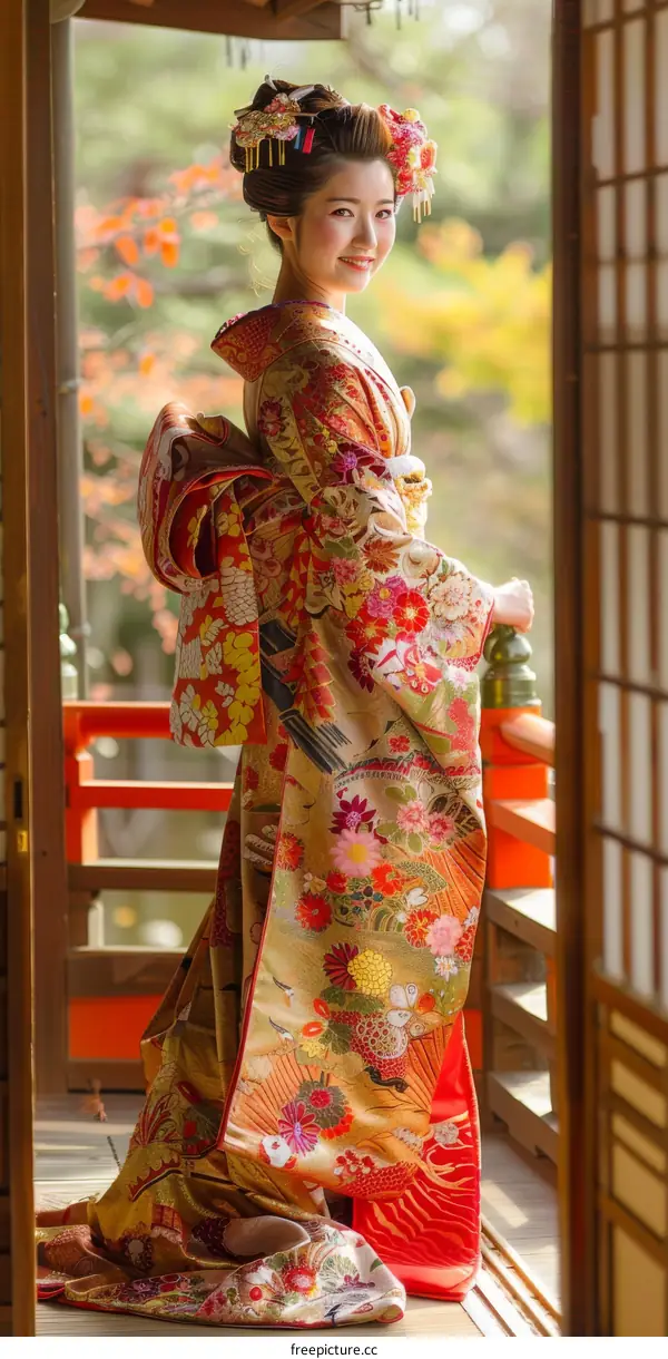 Japanese Woman in Traditional Kimono Standing Near Window