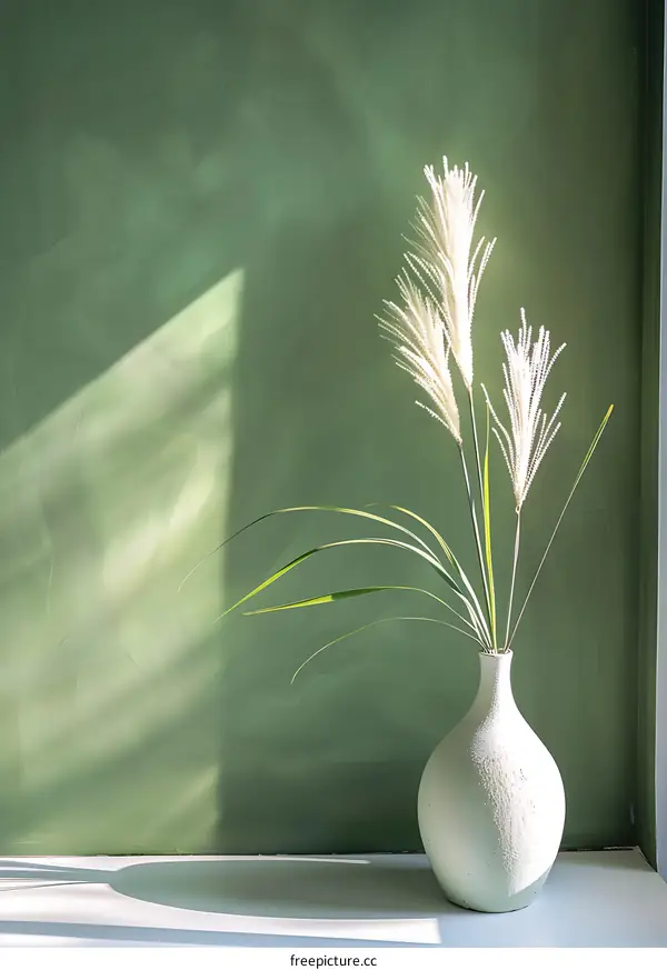 White Vase with Dried Flowers on Green Wall