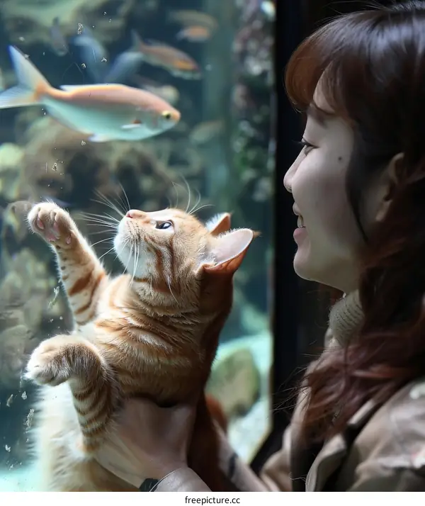 A ginger cat looking at fishes in an aquarium with a Japanese woman