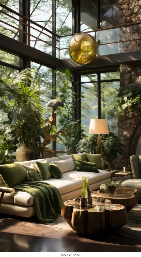 Spacious living room with green plants and large windows