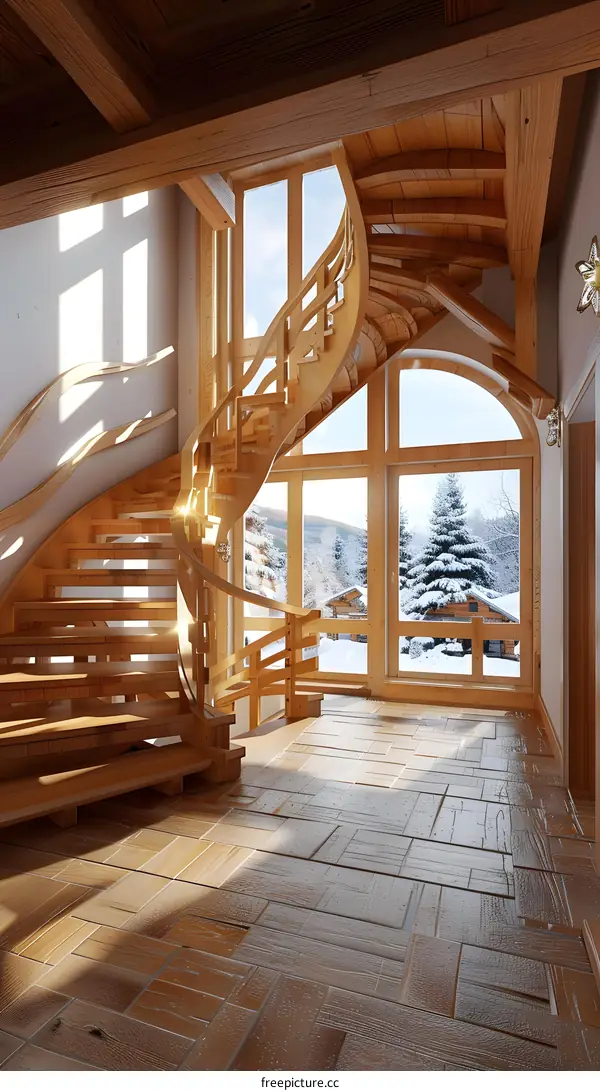 Wooden Staircase With Snow Scene View