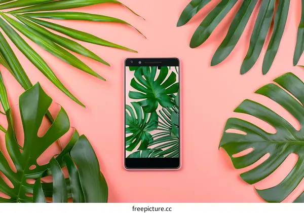 Pink Background with Green Leaves and a Smartphone with Tropical Leaves Wallpaper