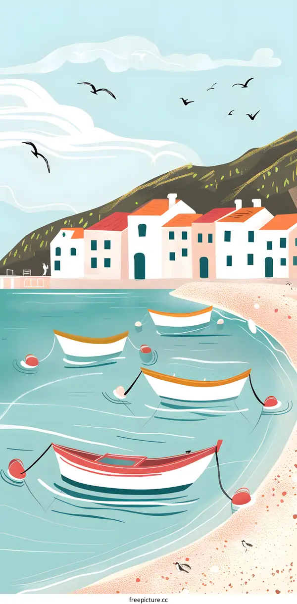 Coastal Town with Boats and Birds