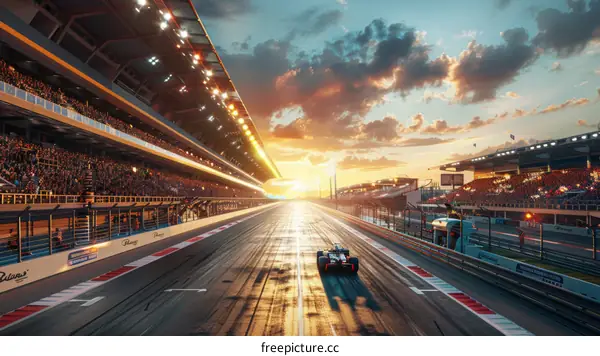 Formula One car racing down a track with a beautiful sunset in the background