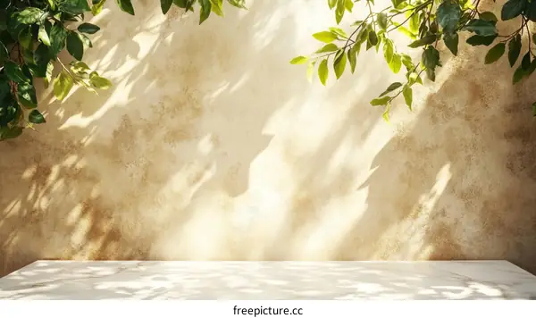 Sunlit Beige Wall with Greenery Display Background
