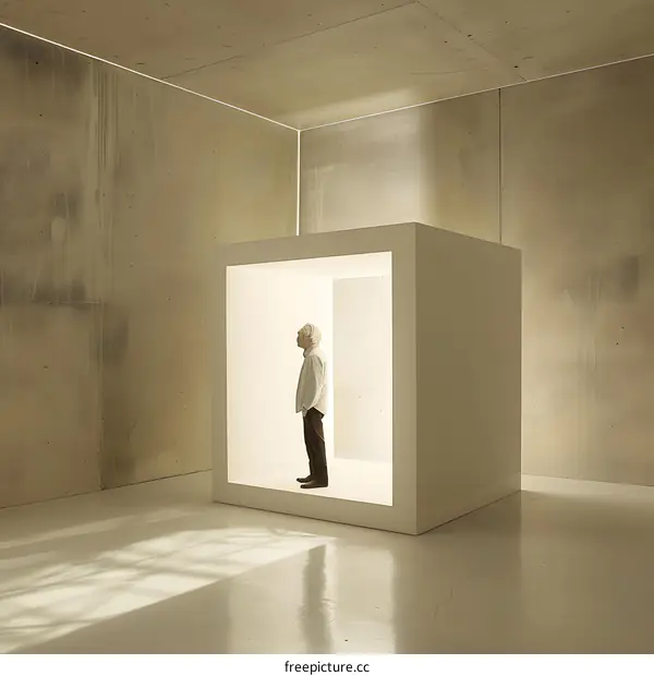 Man Standing Inside a White Cube in a Room