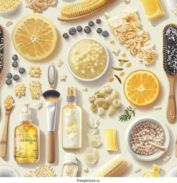 Natural skincare products and ingredients flat lay