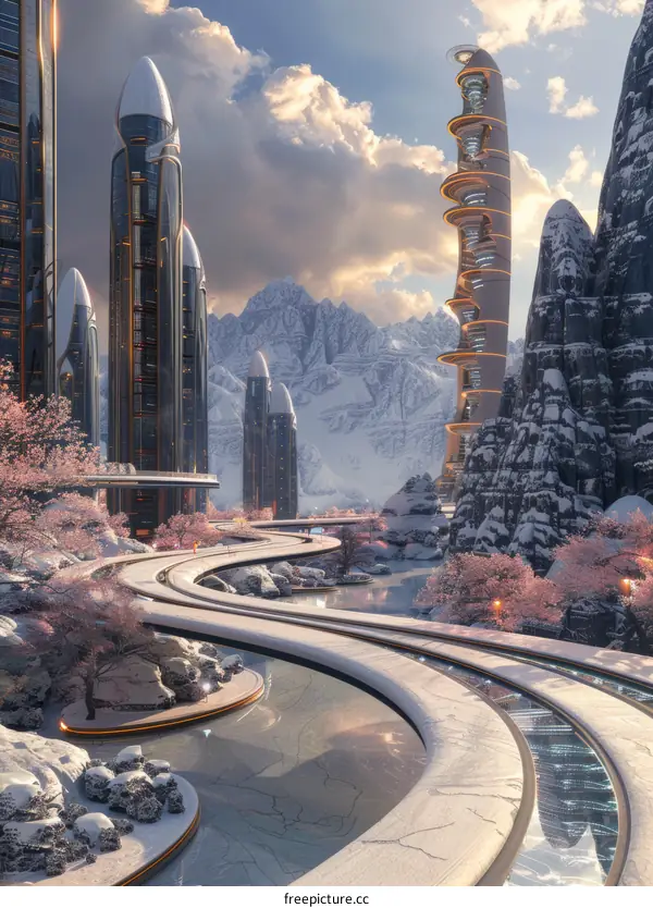 Futuristic Cityscape in a Snowy Wonderland