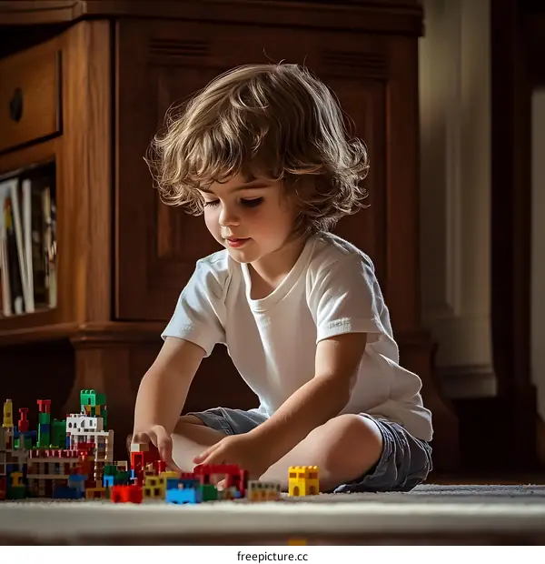Little Girl Playing With Colorful Building Blocks