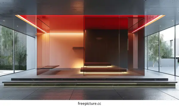 Red glass room with bench