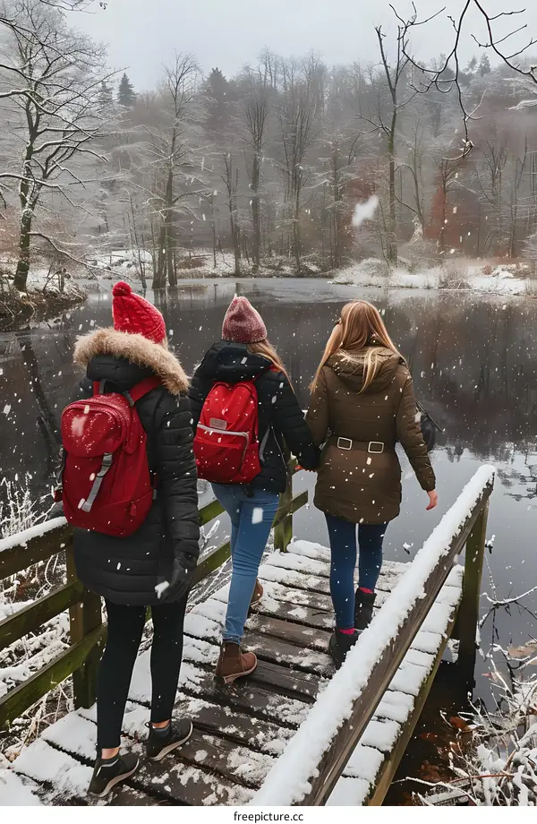 Three Friends Walking on a Snowy Bridge in Winter