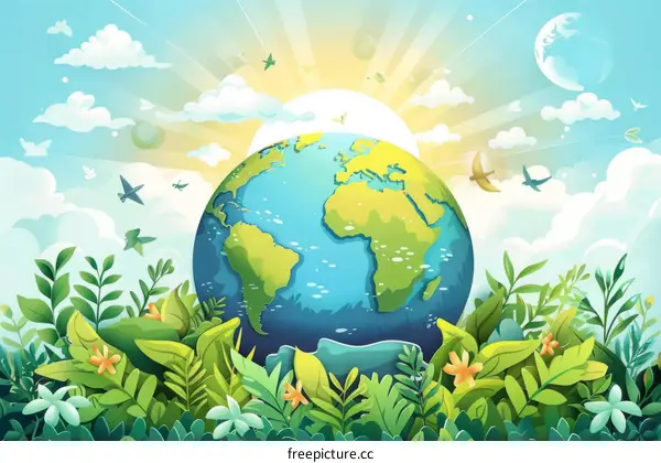 Earth Day Illustration: Green Planet with Plants and Animals