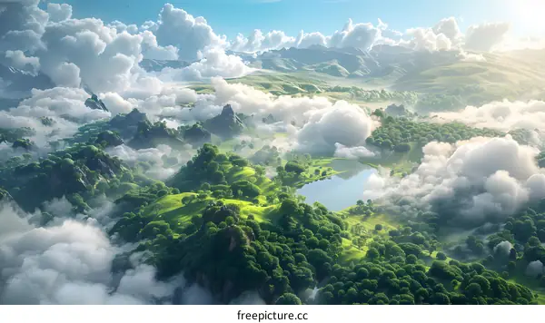 Misty mountains and lake from above