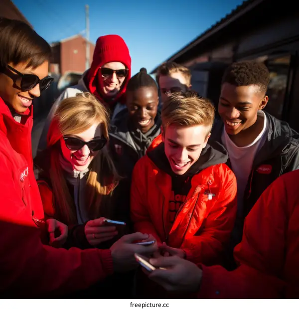 Multiethnic group of young people looking at their phones and smiling