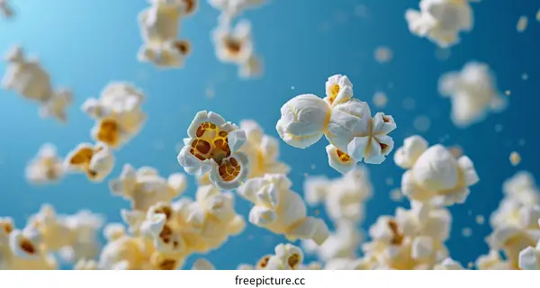 A blue background with white popcorn pieces flying through the air
