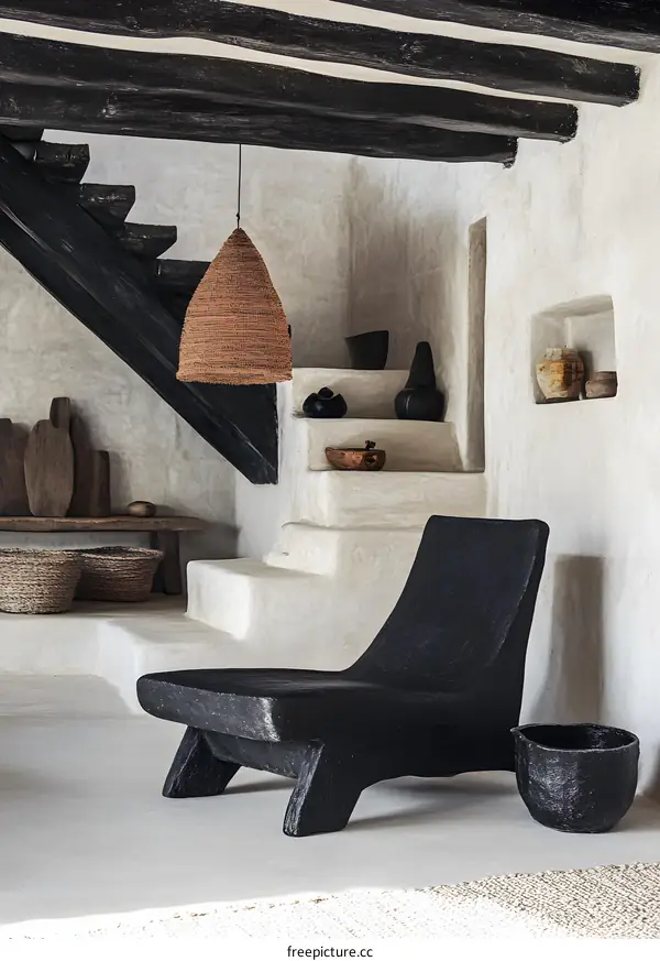 Modern Minimalist Interior Design with Black Wooden Chair and Wicker Pendant Light