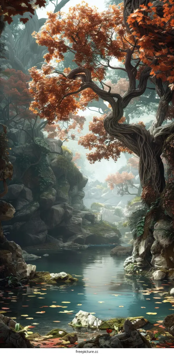 Fantasy River Landscape with Majestic Tree