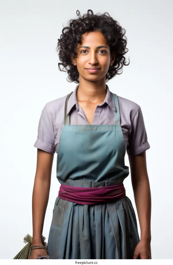 Portrait of a young woman wearing apron and purple sash