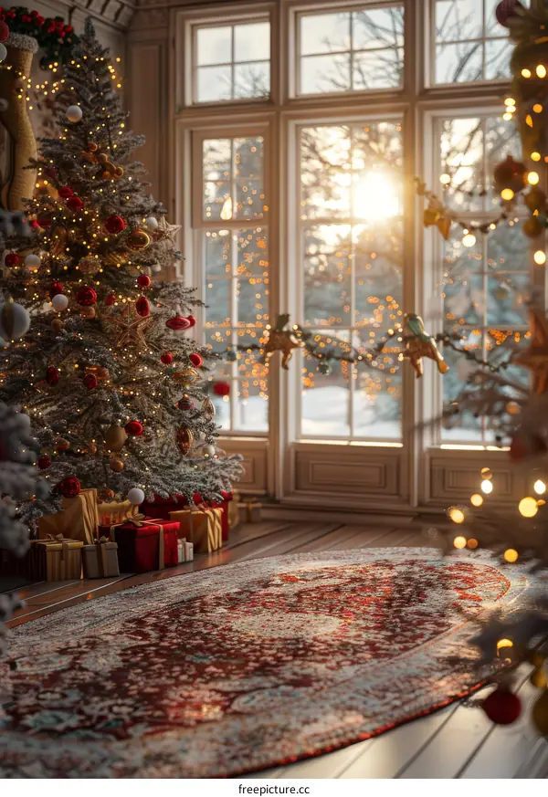Christmas Room Decorated with Gifts and Tree